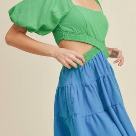 Lush Color block Blue and Green Cut Out Mini Tiered Dress NWT - Picture 2 of 5